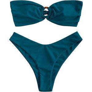 ZAFUL Bandeau Bikini O Ring Strapless Tie Back High Cut Two Piece Swimsuit- Med.